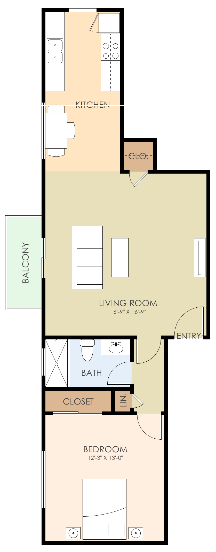 Floor plan for 1 bed, 1 bath, 700 sqft